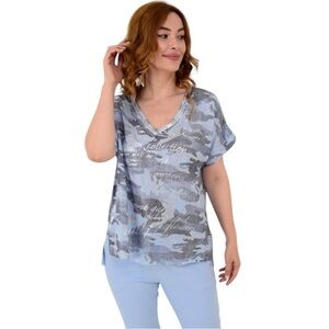 Made in Italy Camouflage short sleeve sequin V-Neck metallic Text Design top